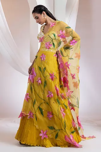 yellow Floral embroidered chiffon Lehenga