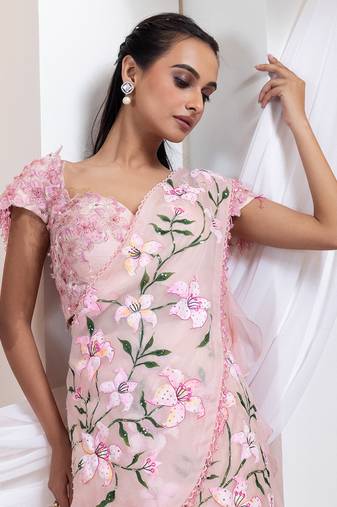 baby pink Floral embroidered chiffon Lehenga