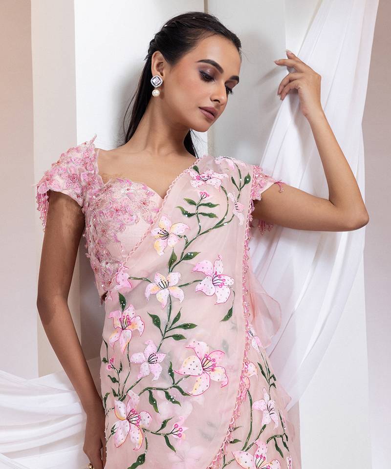 baby pink Floral embroidered chiffon Lehenga
