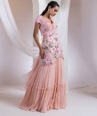 baby pink Floral embroidered chiffon Lehenga 3