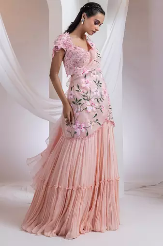 baby pink Floral embroidered chiffon Lehenga