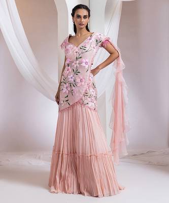 baby pink Floral embroidered chiffon Lehenga 4