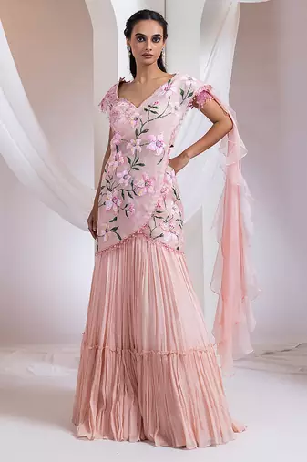 baby pink Floral embroidered chiffon Lehenga