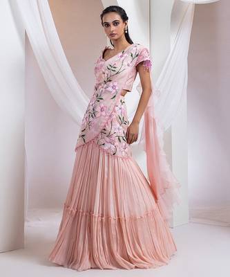 baby pink Floral embroidered chiffon Lehenga 1