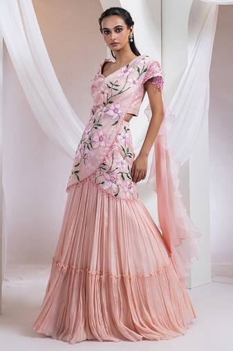 baby pink Floral embroidered chiffon Lehenga