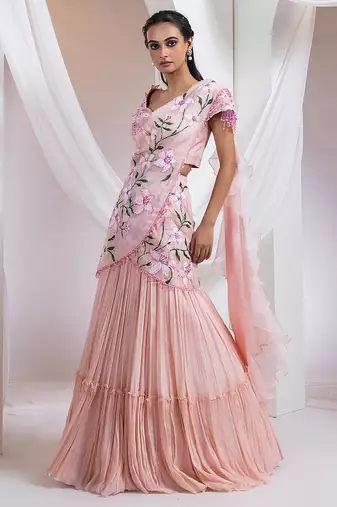 baby pink Floral embroidered chiffon Lehenga