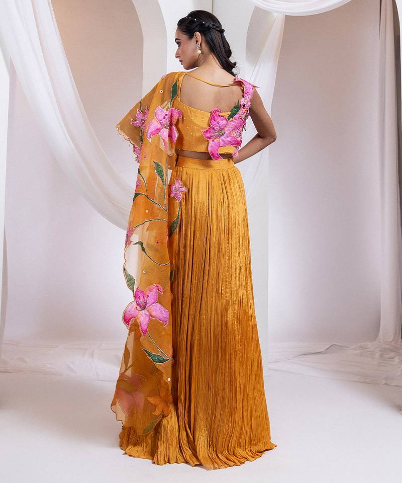 orange Floral embroidered chiffon Lehenga