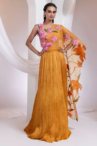 orange Floral embroidered chiffon Lehenga