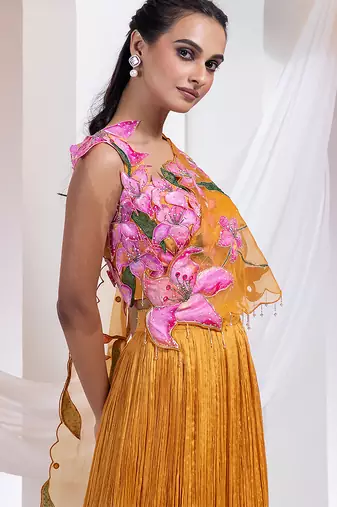 orange Floral embroidered chiffon Lehenga