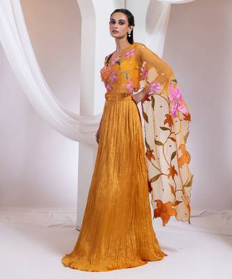 orange Floral embroidered chiffon Lehenga 4