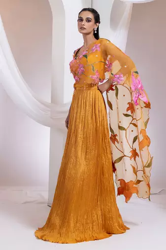orange Floral embroidered chiffon Lehenga