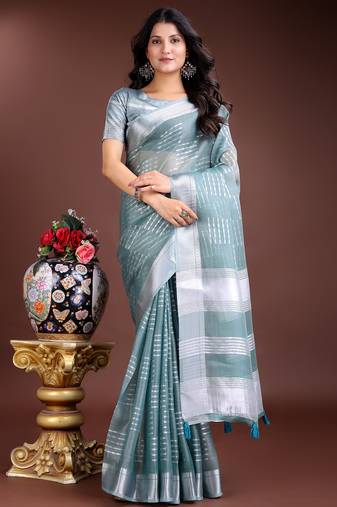 sea green organza with thread work and zari weaving saree with blouse