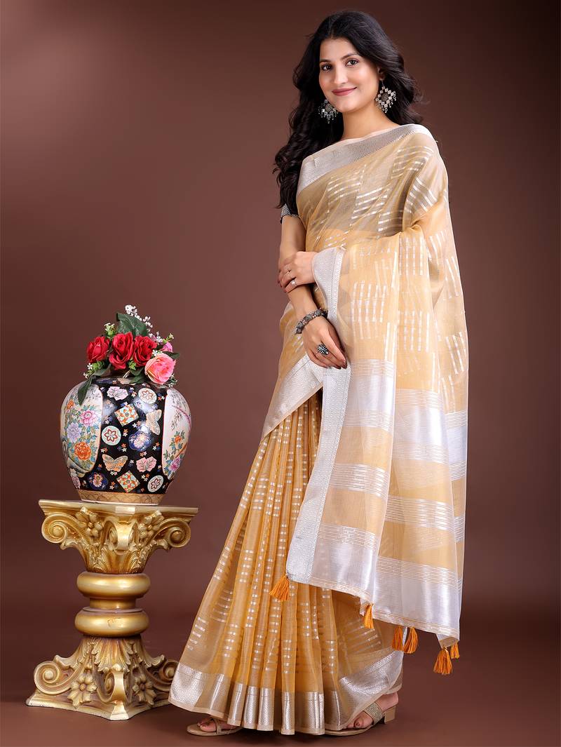 yellow organza with thread work and zari weaving saree with blouse