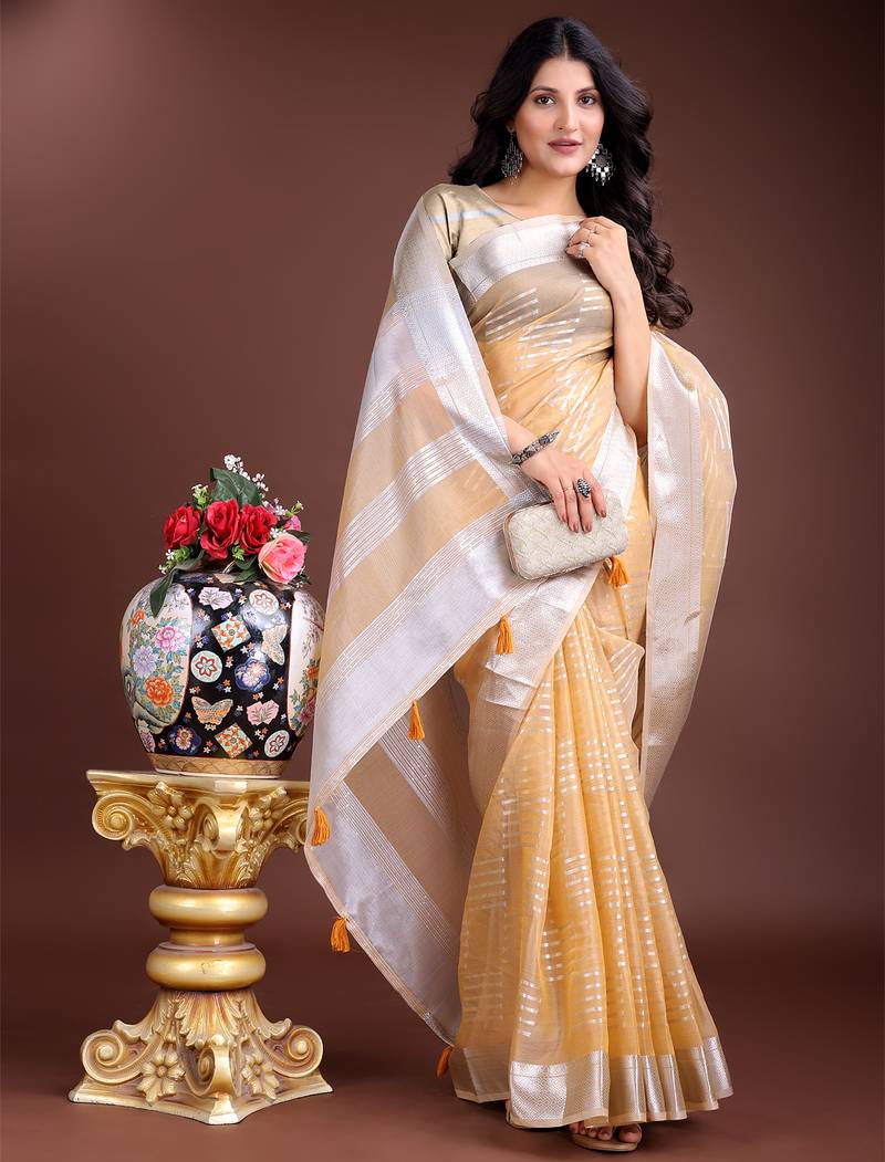 yellow organza with thread work and zari weaving saree with blouse