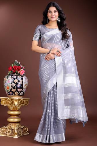 grey organza with thread work and zari weaving saree with blouse