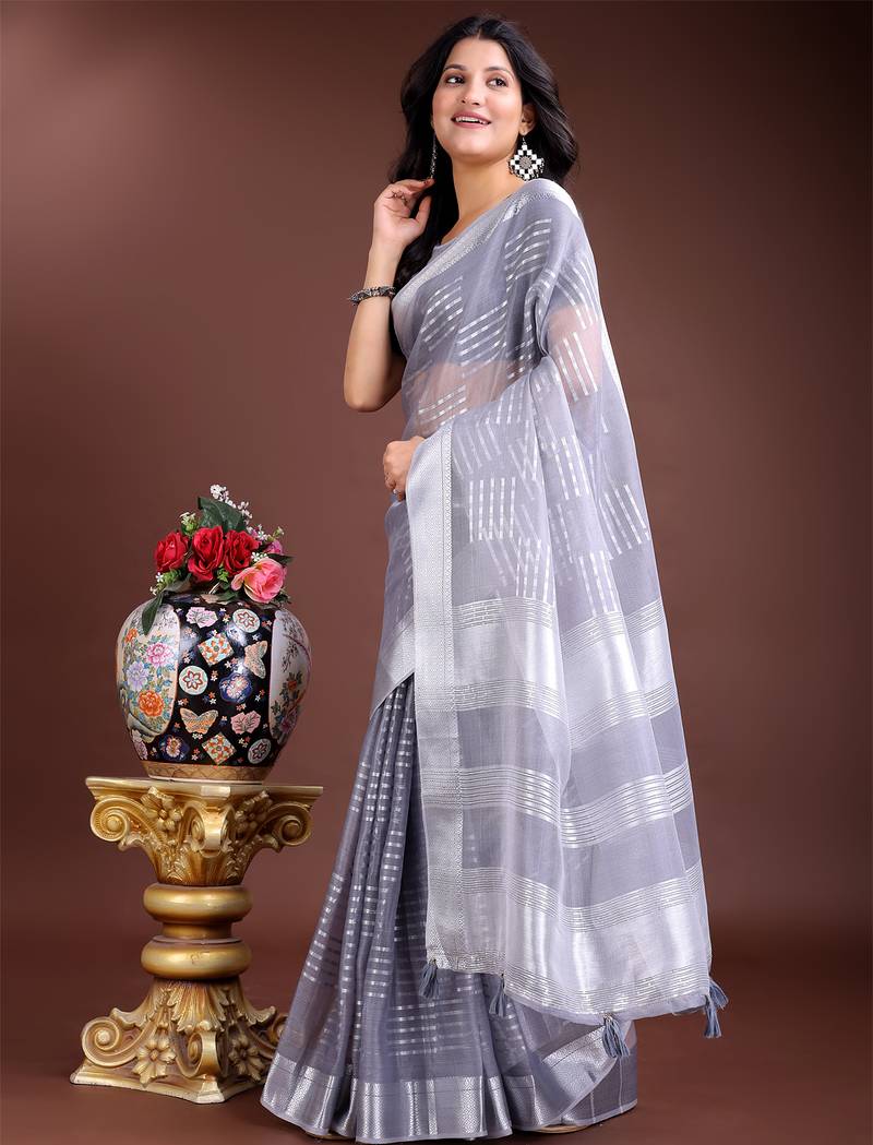 grey organza with thread work and zari weaving saree with blouse