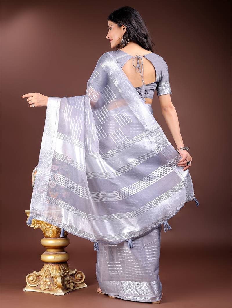 grey organza with thread work and zari weaving saree with blouse