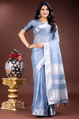 sky blue organza with thread work and zari weaving saree with blouse