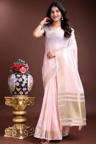 light pink cotton with golden border and zari weaving saree with blouse