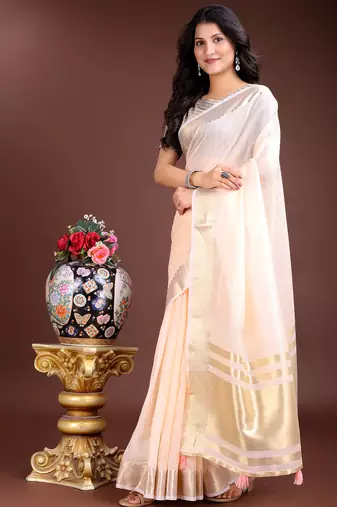 peach cotton with golden border and zari weaving saree with blouse