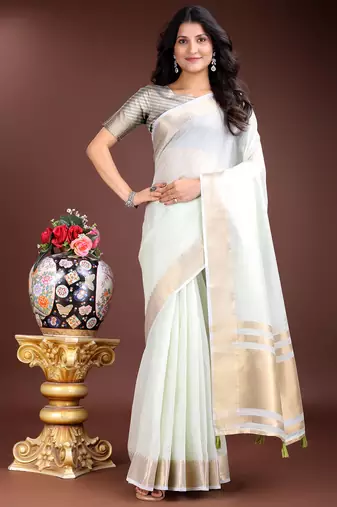 light green cotton with golden border and zari weaving saree with blouse