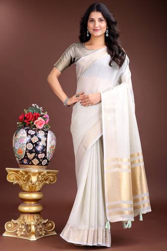grey cotton with golden border and zari weaving saree with blouse