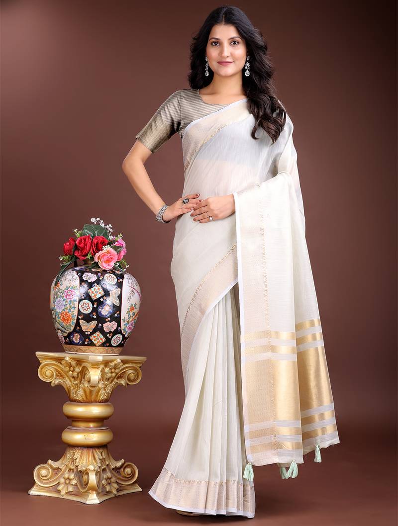 grey cotton with golden border and zari weaving saree with blouse