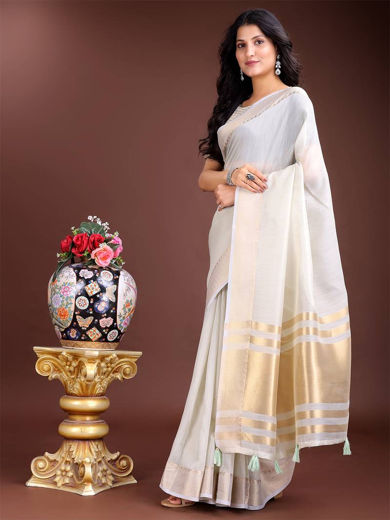 grey cotton with golden border and zari weaving saree with blouse