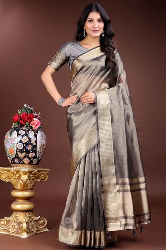 grey organza with thread work and zari weaving saree with blouse