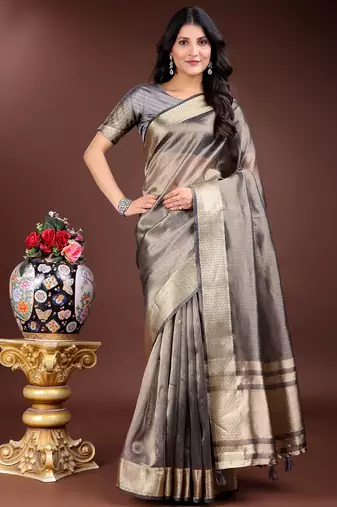 grey organza with thread work and zari weaving saree with blouse