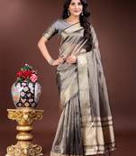 grey organza with thread work and zari weaving saree with blouse