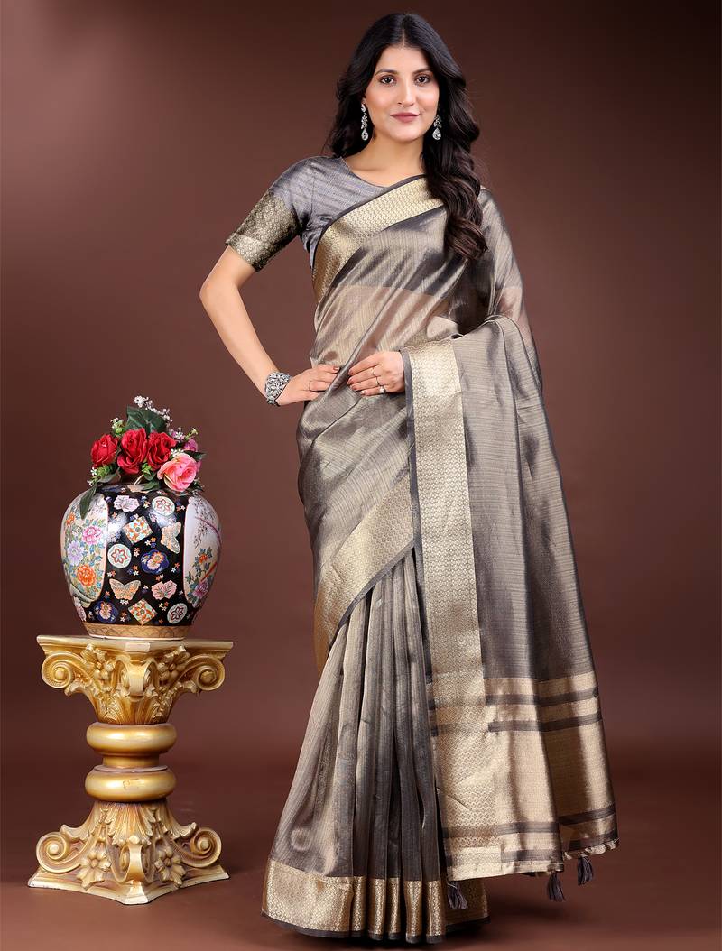 grey organza with thread work and zari weaving saree with blouse