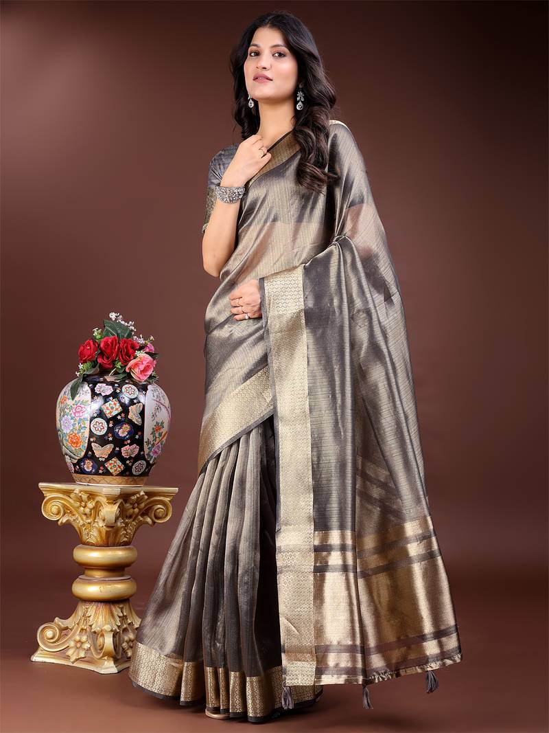 grey organza with thread work and zari weaving saree with blouse