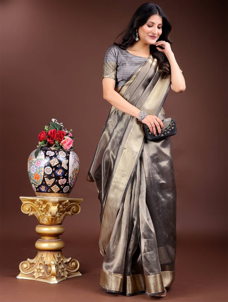 grey organza with thread work and zari weaving saree with blouse