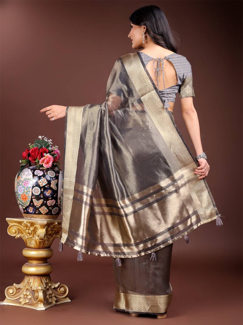 grey organza with thread work and zari weaving saree with blouse