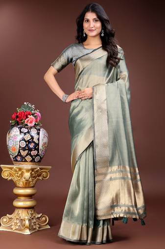 sea green organza with thread work and zari weaving saree with blouse