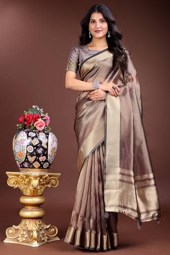 brown organza with thread work and zari weaving saree with blouse