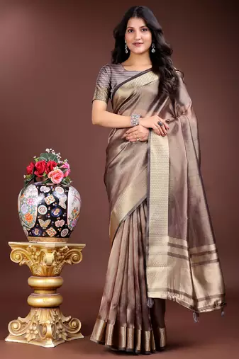brown organza with thread work and zari weaving saree with blouse