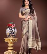 brown organza with thread work and zari weaving saree with blouse