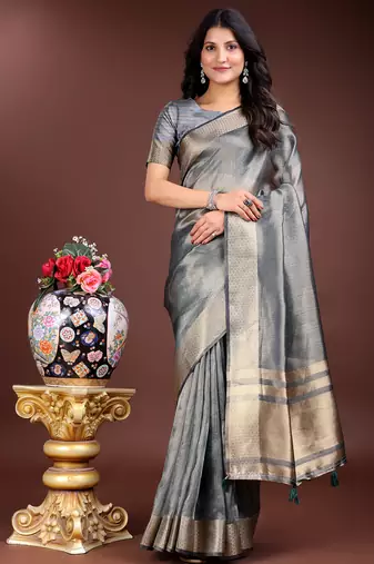 silver organza with thread work and zari weaving saree with blouse