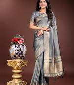 silver organza with thread work and zari weaving saree with blouse