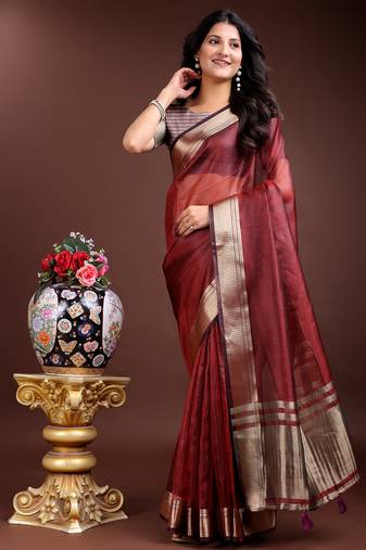 red organza with thread work and zari weaving saree with blouse