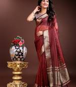 red organza with thread work and zari weaving saree with blouse