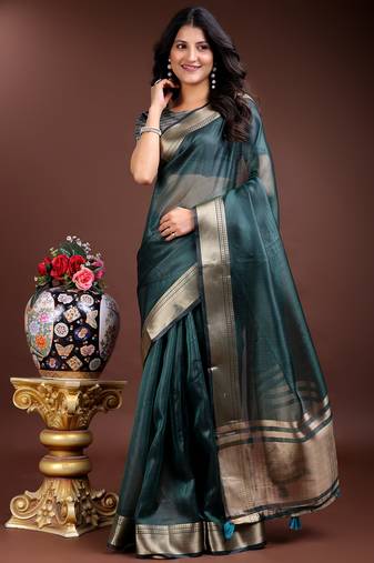 sea green organza with thread work and zari weaving saree with blouse
