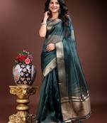 sea green organza with thread work and zari weaving saree with blouse