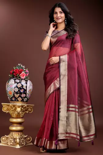 magenta organza with thread work and zari weaving saree with blouse