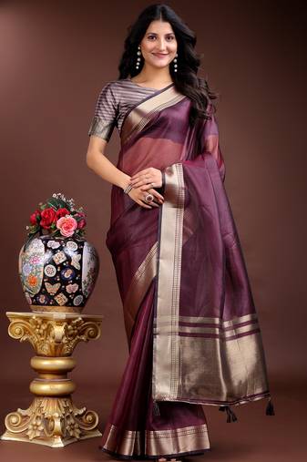 purple organza with thread work and zari weaving saree with blouse