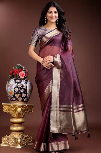 purple organza with thread work and zari weaving saree with blouse