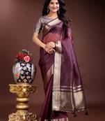 purple organza with thread work and zari weaving saree with blouse