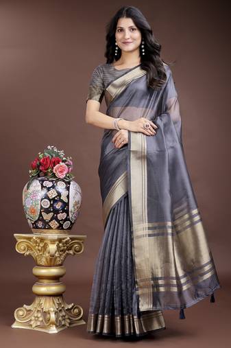 grey organza with thread work and zari weaving saree with blouse
